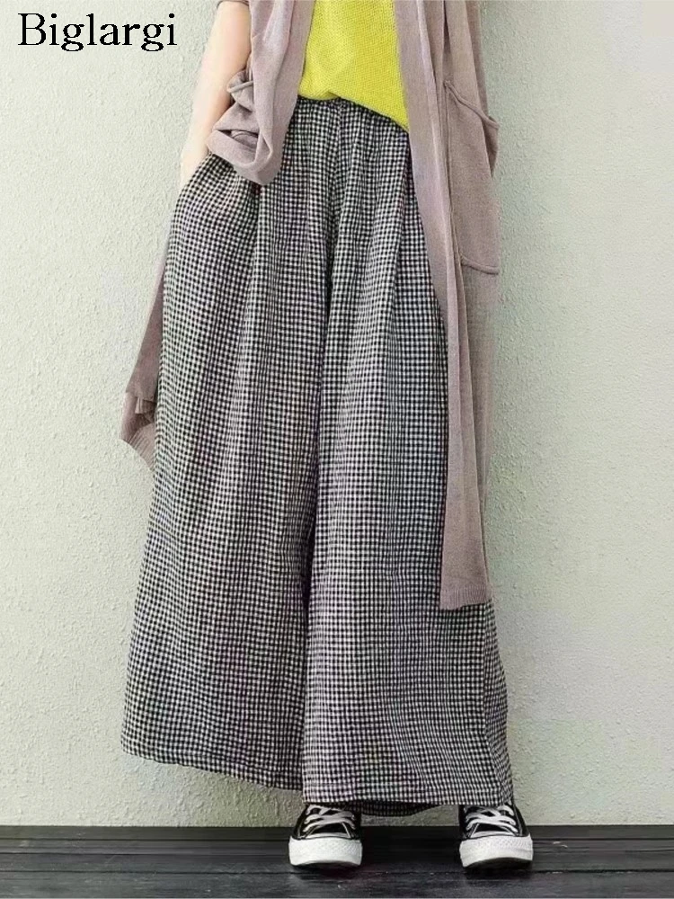 

Spring Summer Elastic High Waist Pant Women Plaid Striped Print Fashion Ladies Trousers Korean Style Wide Leg Loose Woman Pants