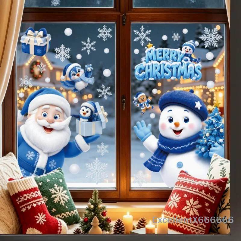 Christmas Window Wall Stickers 1/2 Sheets Festive Snowman Snowflake Santa Claus Decals for Living Room Xmas Holiday Decoration