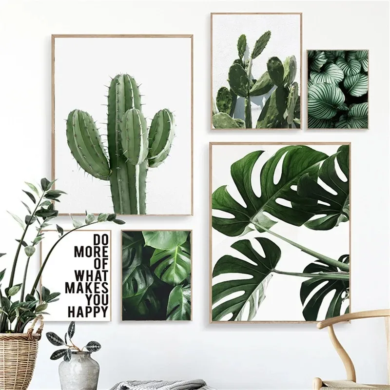 Green Plant Painting Monstera Poster Wall Art Canvas Picture Nordic Leaves Cactus Posters for Living Room Bedroom Home Decor