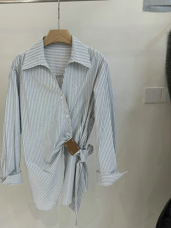 

Элегантная женская рубашка миди с V-образным вырезом, в полоску, прямого кроя, с длинным рукавом, асимметричная, с поясом, в интеллектуальном стиле, весна...