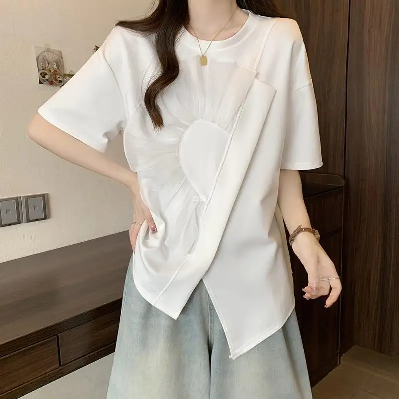 Short Sleeve T-shirts Women Irregular Hem Slit Design Plus Size Loose Summer Korean Style O-neck Splicing Age-reducing New Tops