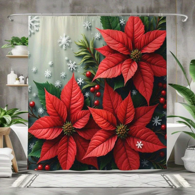 Christmas Shower Curtain - High Quality Bathroom Decor with Red Poinsettias, Green Foliage & Berries Machine Washable