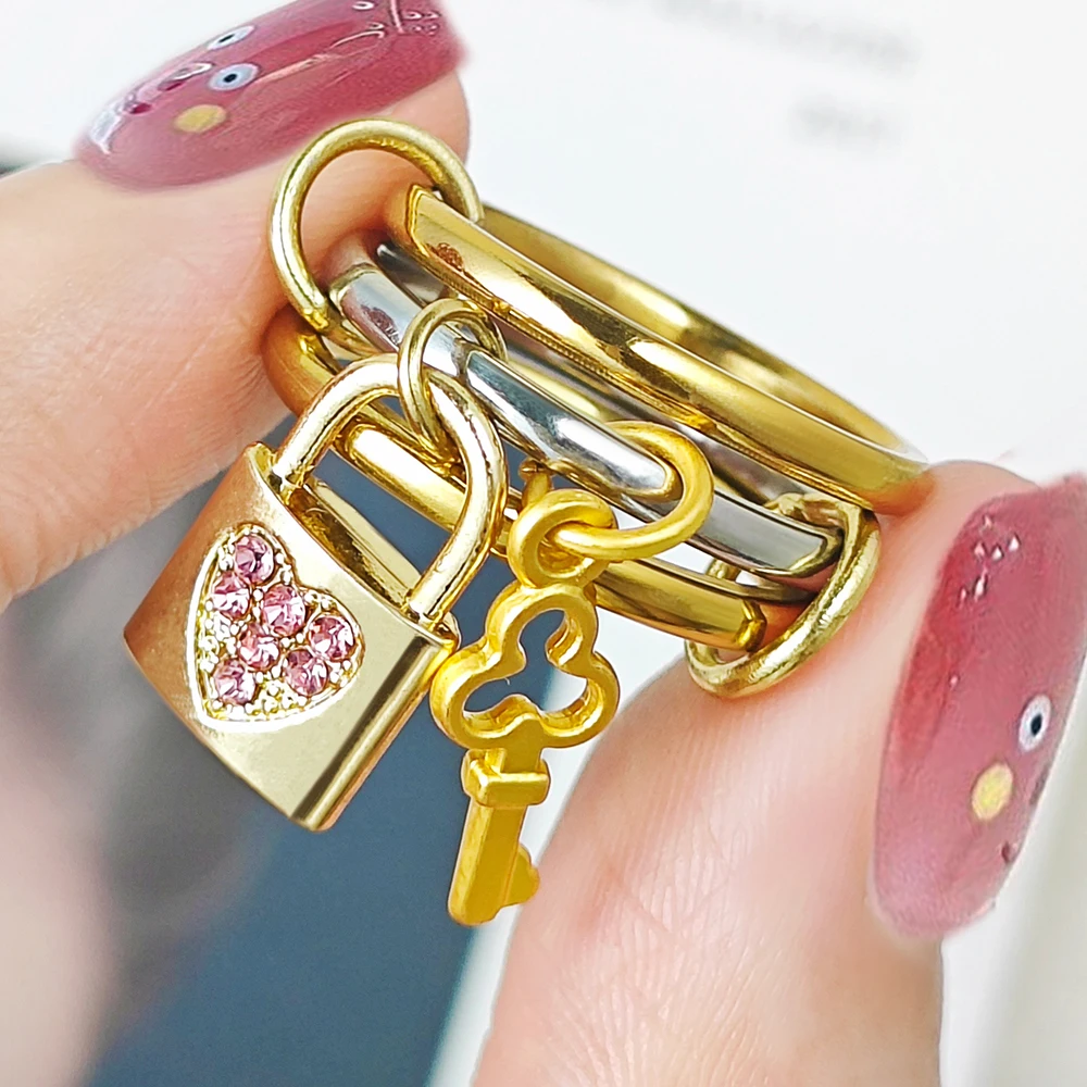 Anillo de acero inoxidable Spinelli Kilcollin, dijes de llave con cerradura, conjunto de anillos apilables de moda INS, colgante hecho a mano de Color dorado, regalo de joyería