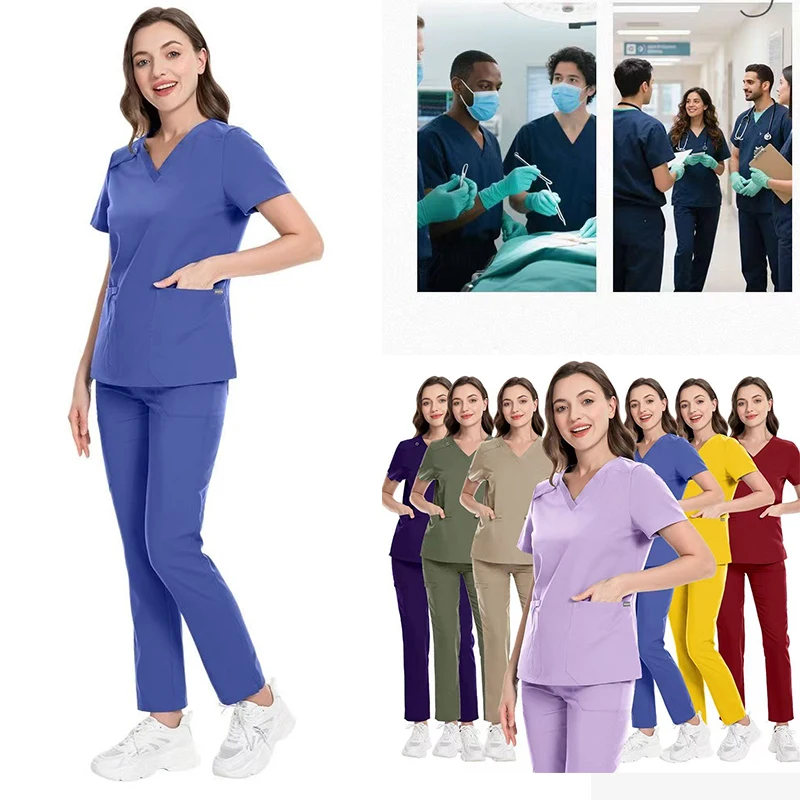 

Wholesale Medical Blouse Woman Nurse Uniform V-Neck Short Sleeve Top with Straight Leg Pants Professional Esthetician Blouse