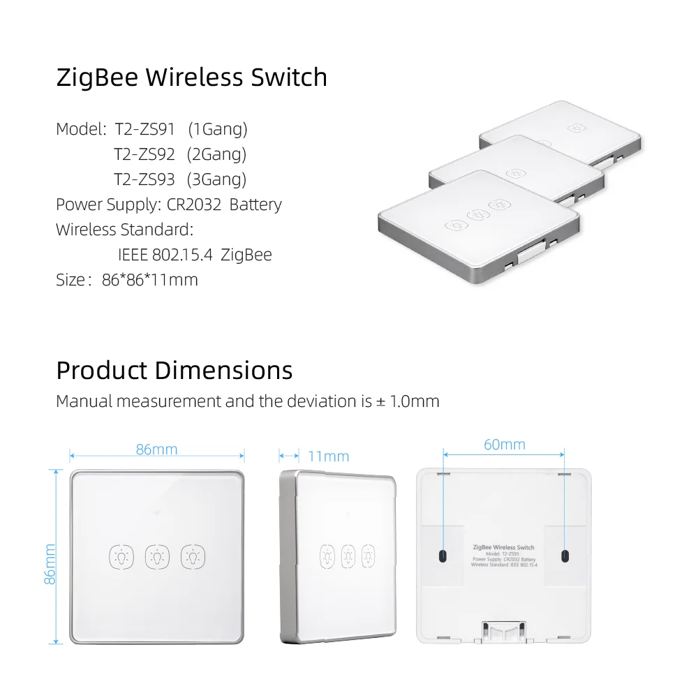 Tuya Zigbee Wireless Scene Switch 1 2 3 Gang Touch Light Switches Wall Sticker Power by Battery Smart Life App Control