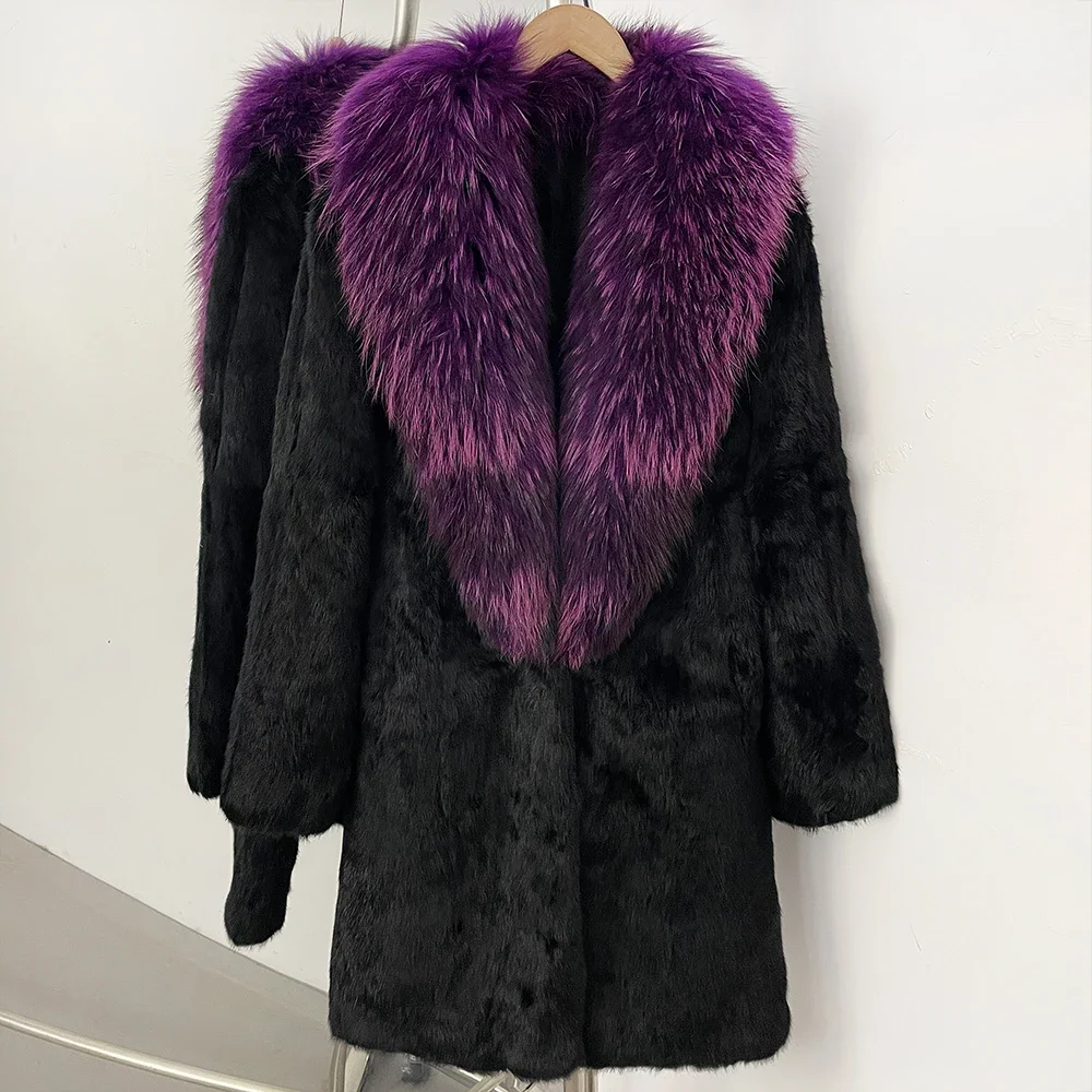OFTBUY Neue Luxuriöse Vollpelz-Winterkleidung Damenjacke Mittellang Echter Kaninchenfellmantel mit Echtfuchsfellkragen – Detail 10