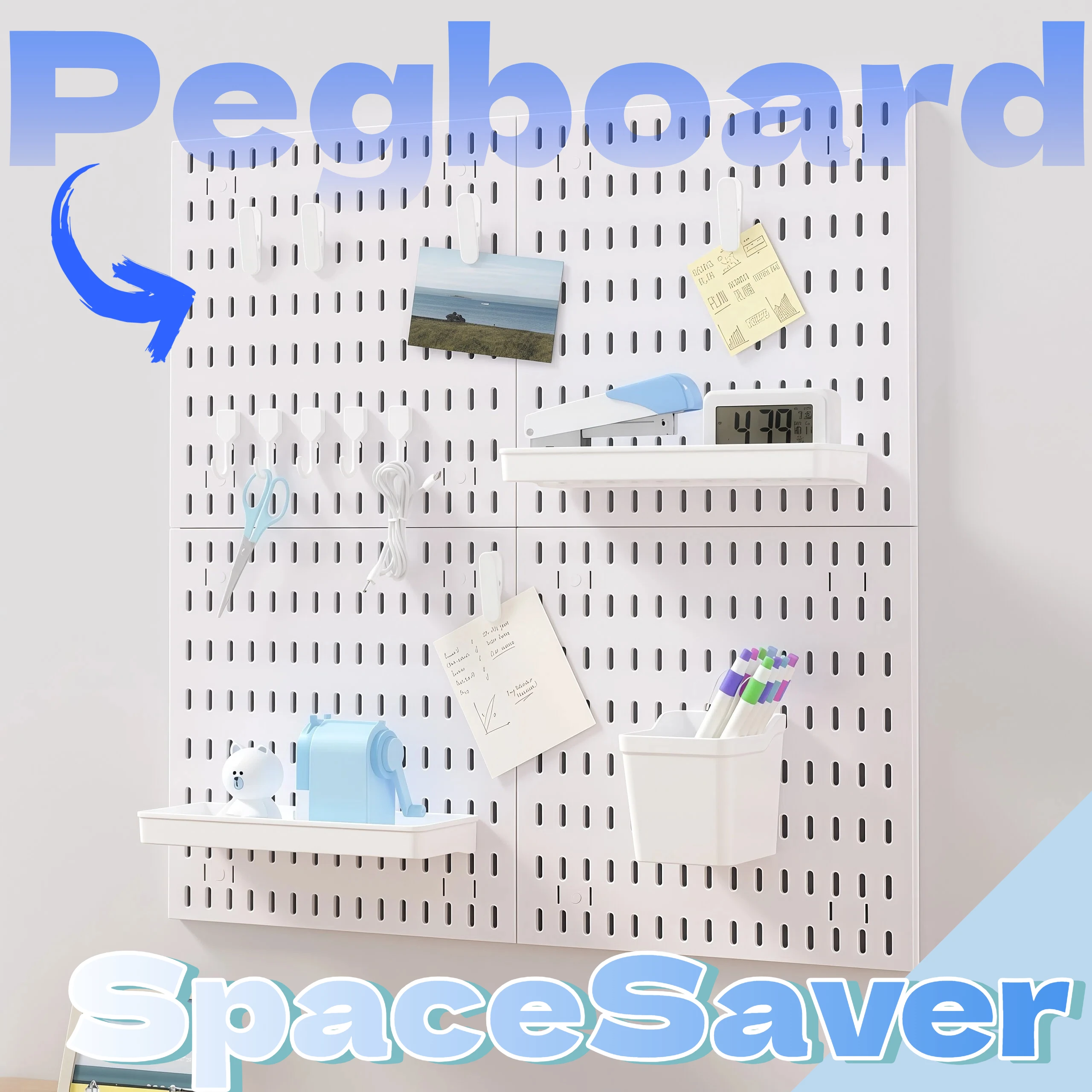 Home Wall Pegboard Organizer PP Plastic, Hole Board with Hooks Basket for Bedroom Entryway Living Room, Black White 60x40cm