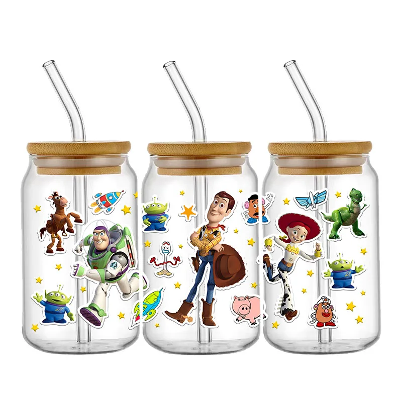 Toy Story UV DTF Cup Wrap 16oz Libbey Glass Can DIY Sticker Cartoon Selfadhesive Washable DIY Story Friends