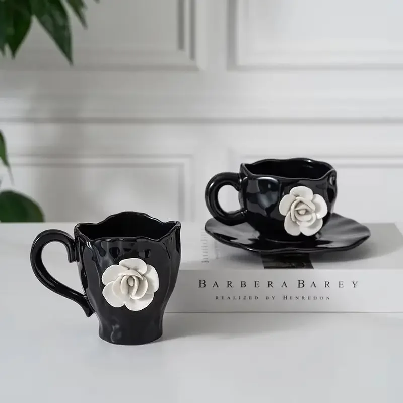 New Creative French Style Camellia Coffee Cup Handcrafted Exquisite Afternoon Tea Black Ceramic Mug Korean 3d White Rose Cup