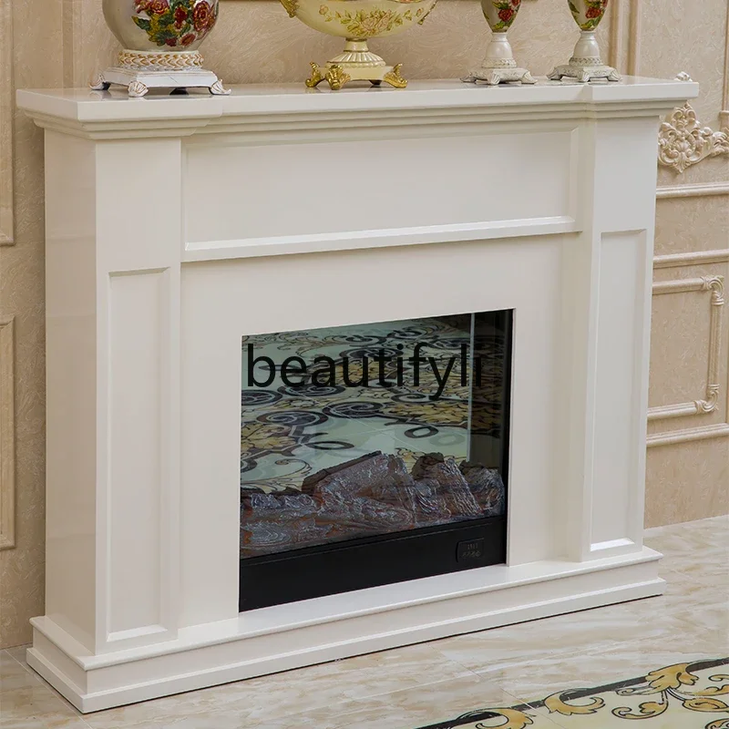 

53TV cabinet simple electric fireplace heating solid wood ivory white mantel
