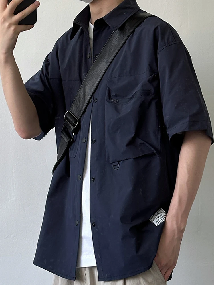 

Свободная летняя дышащая однотонная синяя рабочая рубашка в японском стиле, функциональный топ с коротким рукавом