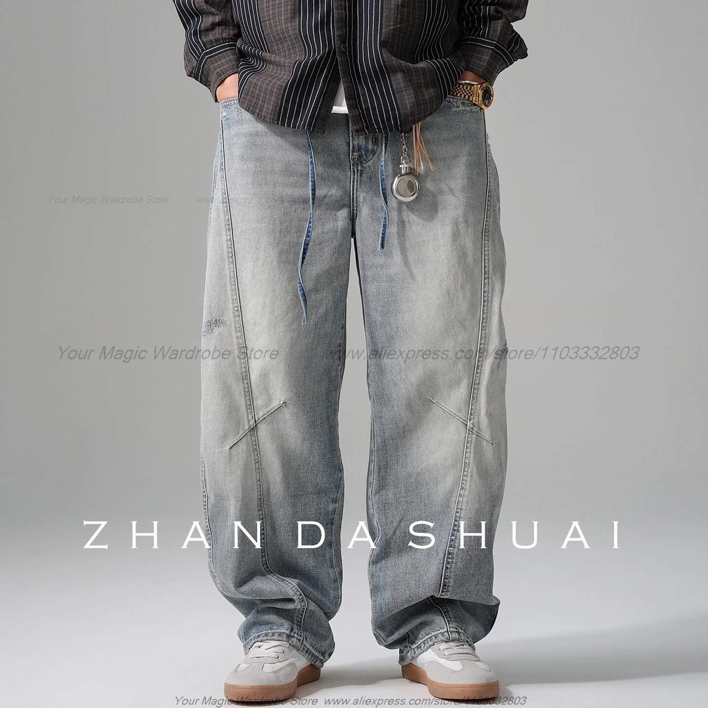2026 Handsome Retro Distressed Post-Apocalyptic Wasteland Style Stitching Jeans Men's Straight Loose Wide Leg Matchet Pants