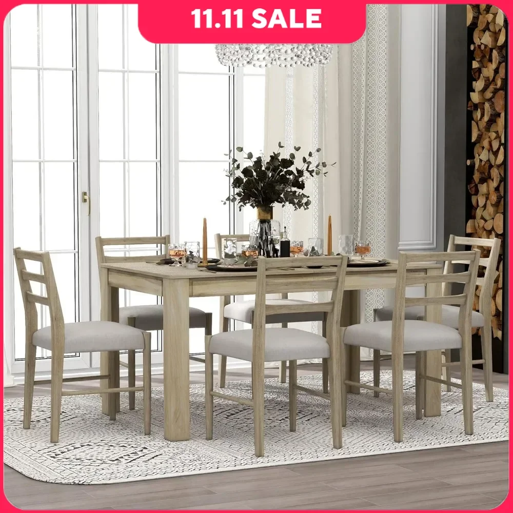 

Dining Table Set for 6, Rectangle Extendable Table W/ 12” Leaf and 2 Drawers & Soft Cushion, Wood Dining Table Set, 7 Pcs