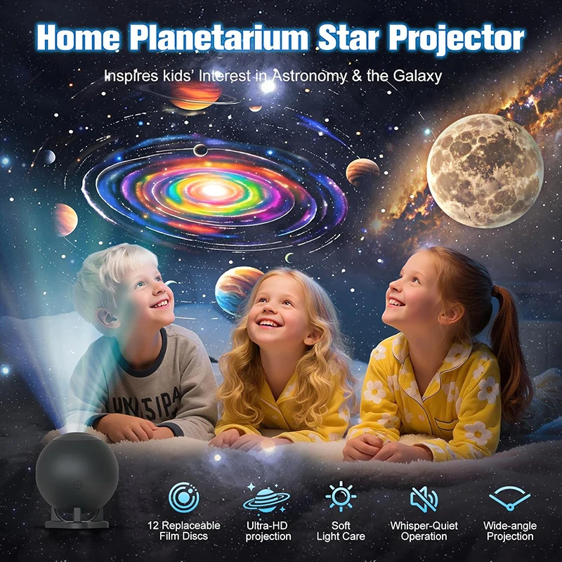 Projetor planetário para quarto, 12 discos de imagem, projetores de galáxia, luz noturna estrela, iluminação de ambiente de teto, lâmpada de espaço