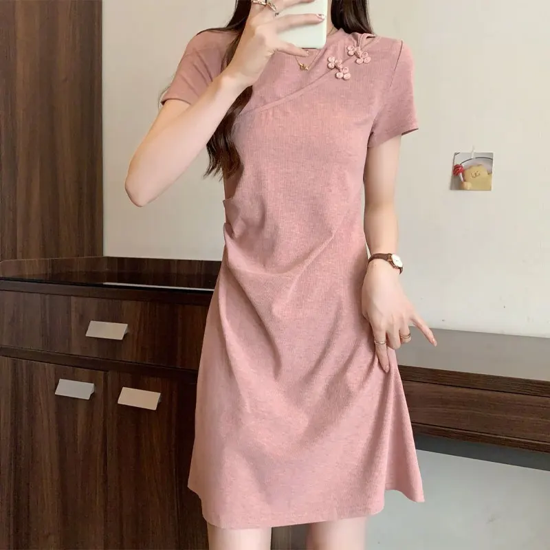 Stylish Chinese Disc Buckle Dresses Female Clothing Vintage Solid Color Summer A-Line Folds Waist Casual Short Sleeve Mini Dress