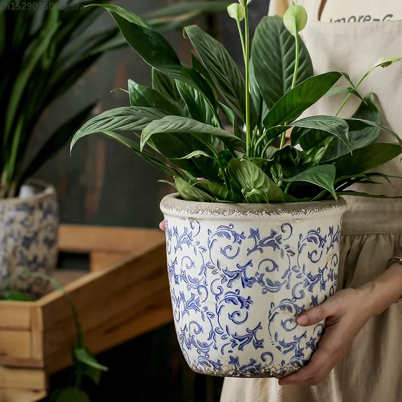 Vintage Ceramic Flower Pot Household Outdoor Garden Flower Pots Creative Blue and White Porcelain Large-diameter Plant Basin