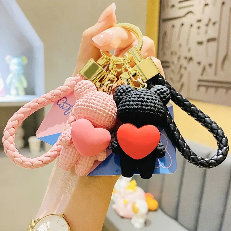 Resin Peach Heart Woven Love Rabbit Bear Keychain Wholesale Couple School Bag Car Keychain Pendant Cute Birthday Gift