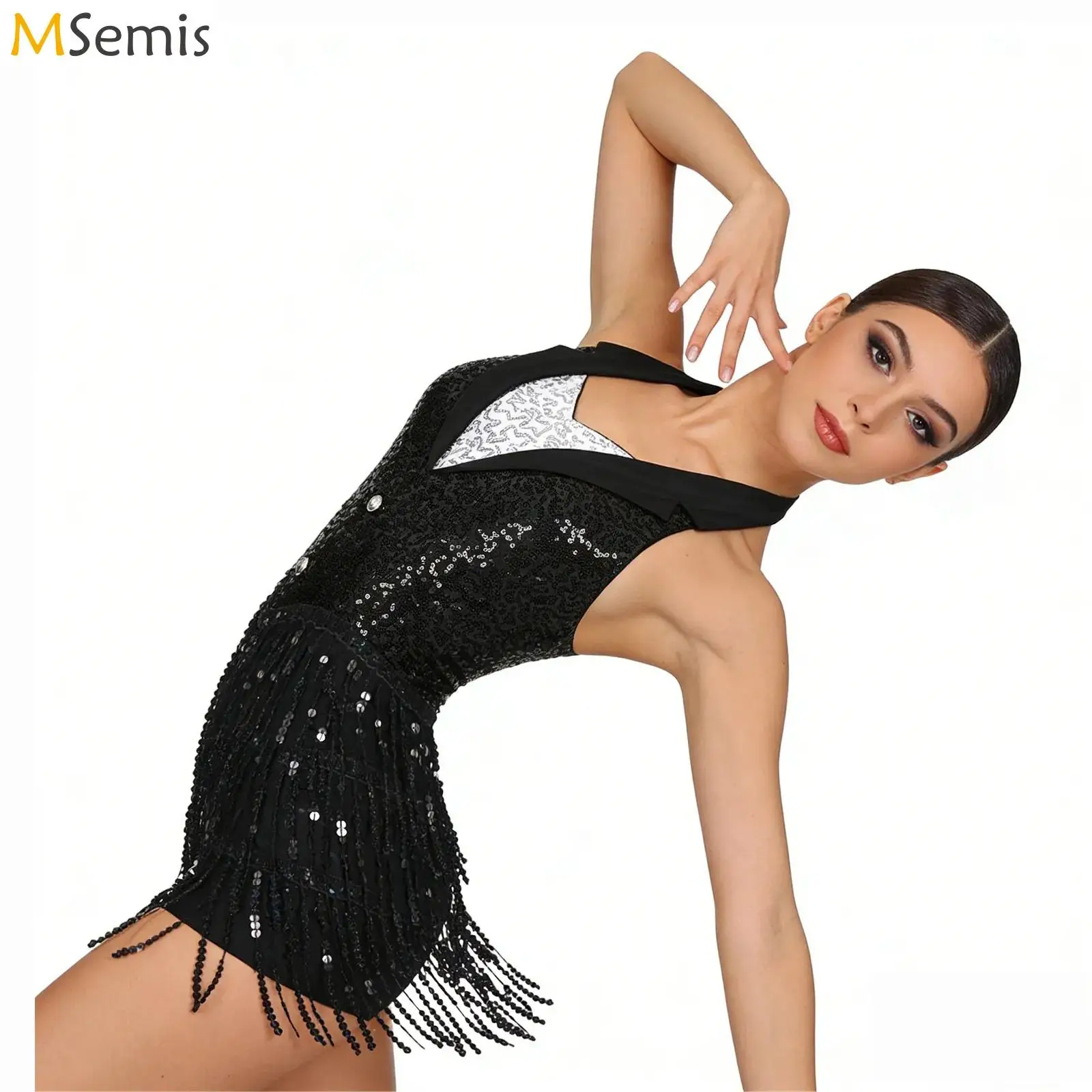 

Womens Jazz Latin Dance Performance Costume Halter Backless Tassel Leotard Dancewear Sparkly Sequins Fringe Unitards Jumpsuit