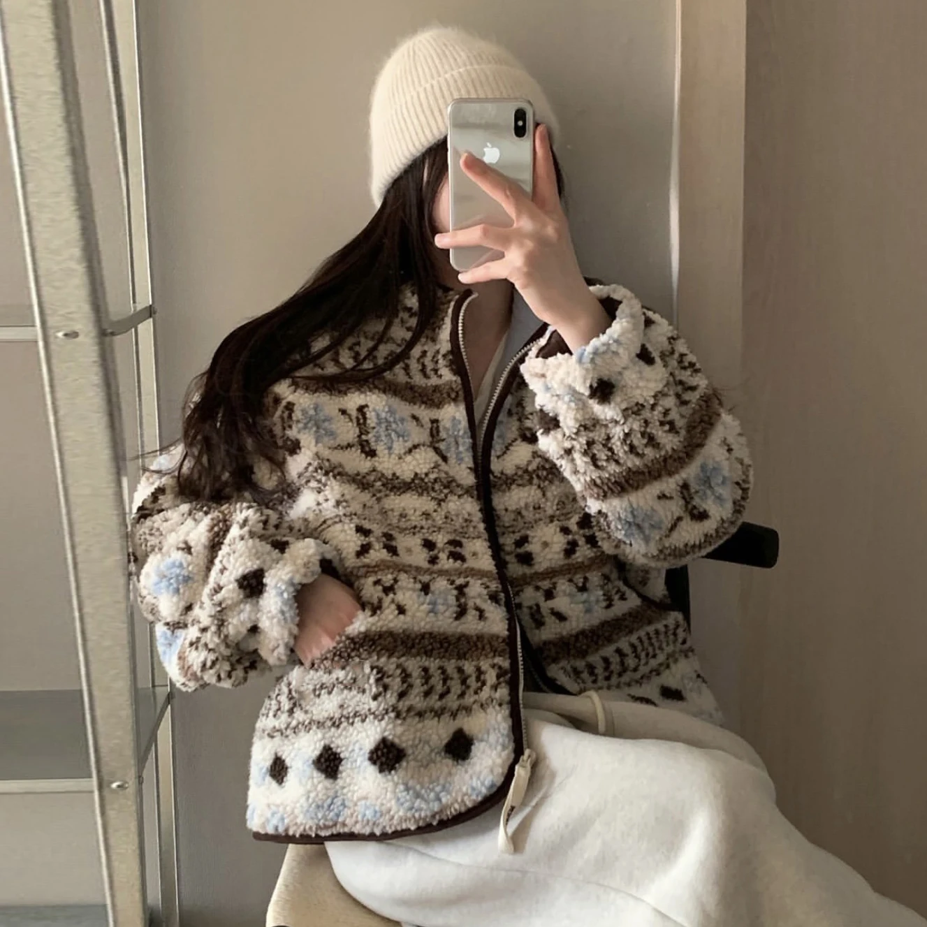 한국 스타일 겨울 아우로라 레트로 페어 아일 노르딕 스탠드 칼라 양털 안감 따뜻한 여성용 재킷