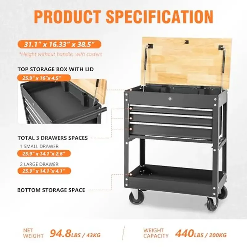 Steel Rolling Tool Cart 3-Drawer Utility Service Cabinet Wheels Locking System High Capacity Storage