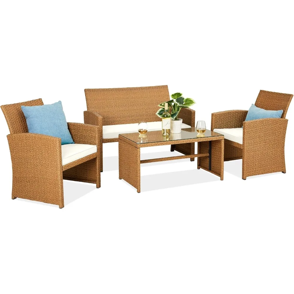 

4-Piece Outdoor Wicker Patio Conversation Furniture Set for Backyard w/Coffee Table, Seat Cushions - Natural/Ivory