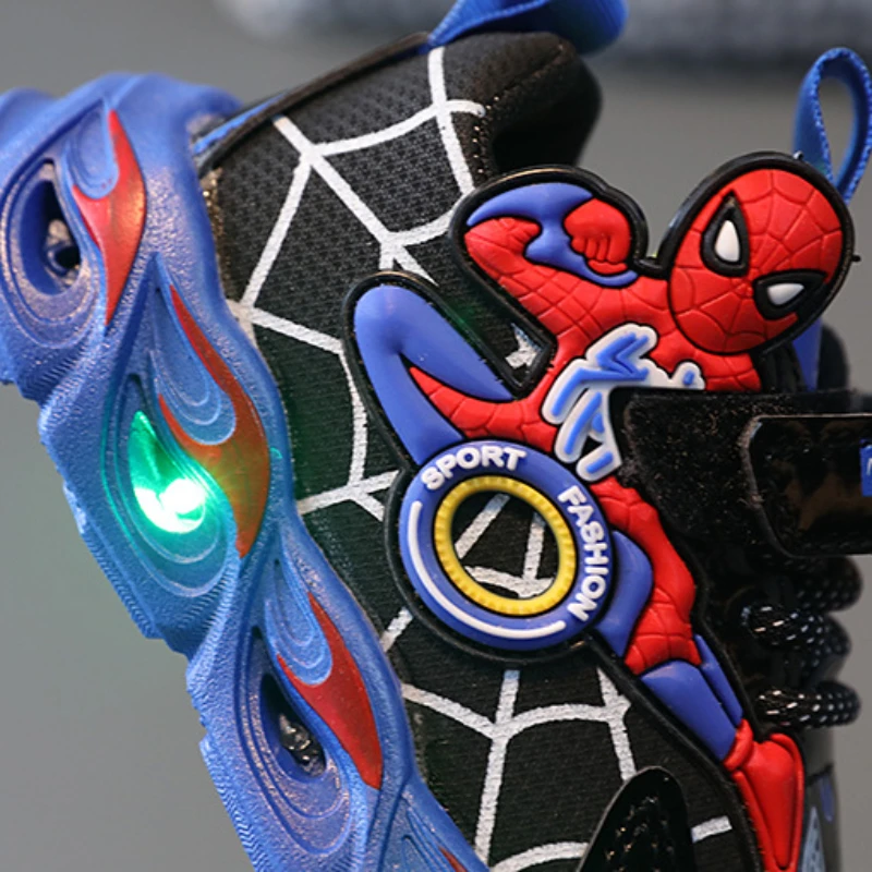 Disney Children\'s Sneakers Boys Cartoon Spiderman Led Light Sport Shoes Student Shoes Hook Anti-slip Kids Outdoor Shoes