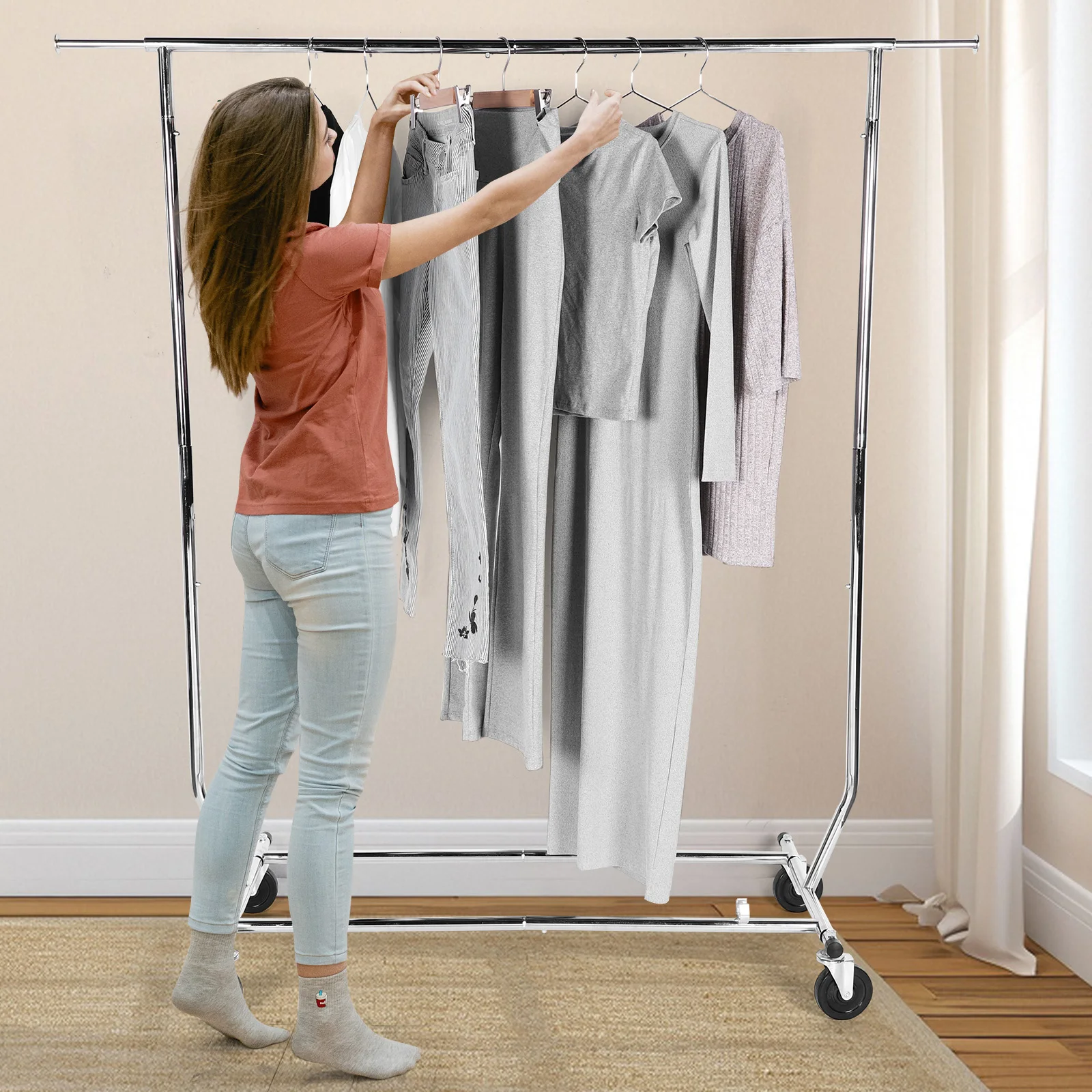 

Metal Garment Rack with Lockable Wheels Portable Wardrobe Sturdy Coat Rack Standing Rolling Clothing Rack for Hanging Clothes