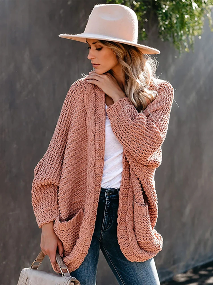 

Solid Batwing Sleeve BOHO Knitted Sweater Pockets Holiday Oversize Winter Coat Twist Loose Vintage Long Cardigan For Women