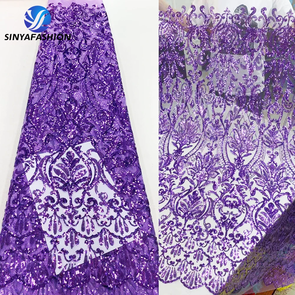 

Sinya Purple African French Lace Fabric With Heavy Sequins 2023 Latest Nigerian Mesh Lace For Sewing Wedding Bridal Party Dress