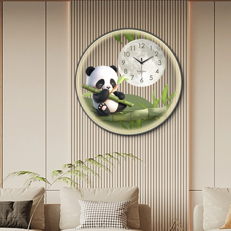 Circular Transparent Panda Clock Living Room Dining Room Foyer Decorative Painting Creative LED Wall Lamp