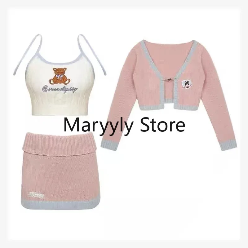 Y2K Knitted Suits Long Sleeve 3 Piece Dress Set Kawaill Halter + Sweet Sweater Coat + Slim Short Party Dress 2023 Winter Autumn