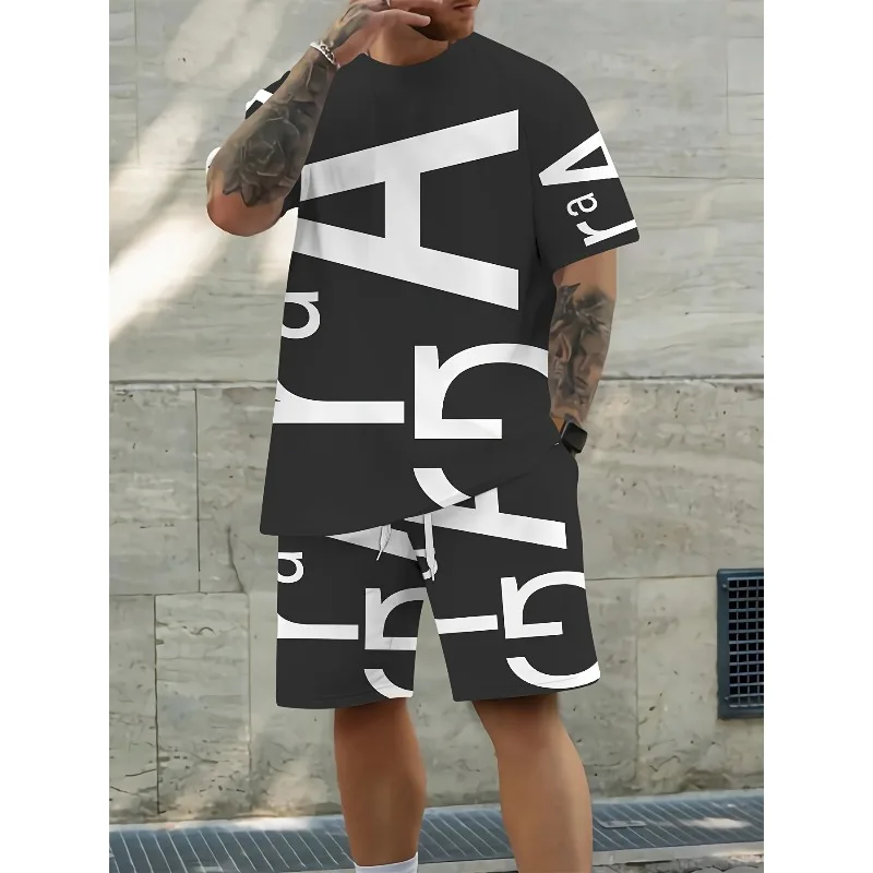 Summer 2025 Men's 3D Printed Short Sleeved T-shirt and Shorts Set for Casual Sports and Breathable Outdoor Activities