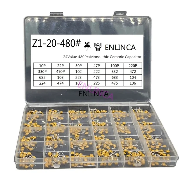 24 wartości * 20 sztuk = 480 sztuk Monolityczny kondensator ceramiczny 10pF ~ 10uF, zestaw różnych kondensatorów ceramicznych 1UF 100NF 330NF 0,1UF 102 104 105