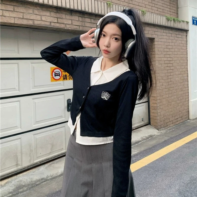 Turn-down Collar Shirts Women Preppy Style All-match JK Popular Korean Fashion Autumn Fake 2pcs Long Sleeve Clothing Students