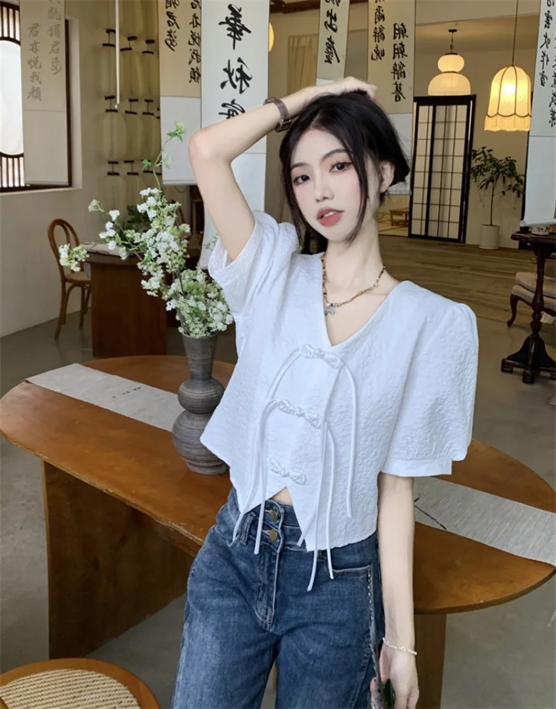 Miiiix New Chinese Style Button Up Short Sleeved Full Shoulder Shirt Women's Summer Slightly Chubby French Slimming Tee Top