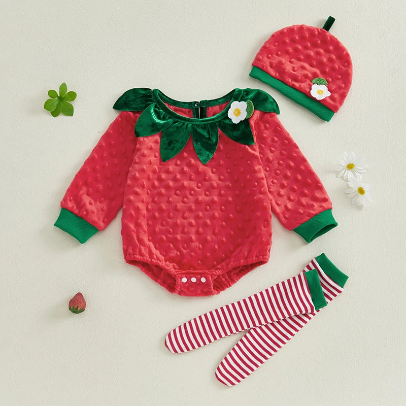 New Baby Girls Strawberry Romper Flower Long Sleeve Round Neck Fuzzy Jumpsuits Hat Striped Socks Fall Outfits 0-18 Months