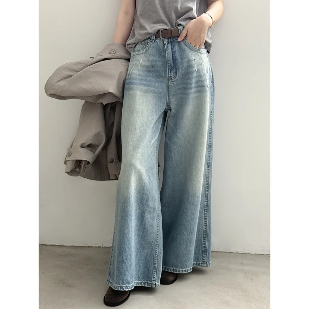 Jeans da donna retrò a vita alta a gamba larga Pantaloni larghi drappeggiati dimagranti casual lunghi fino al pavimento per l'autunno e l'inverno