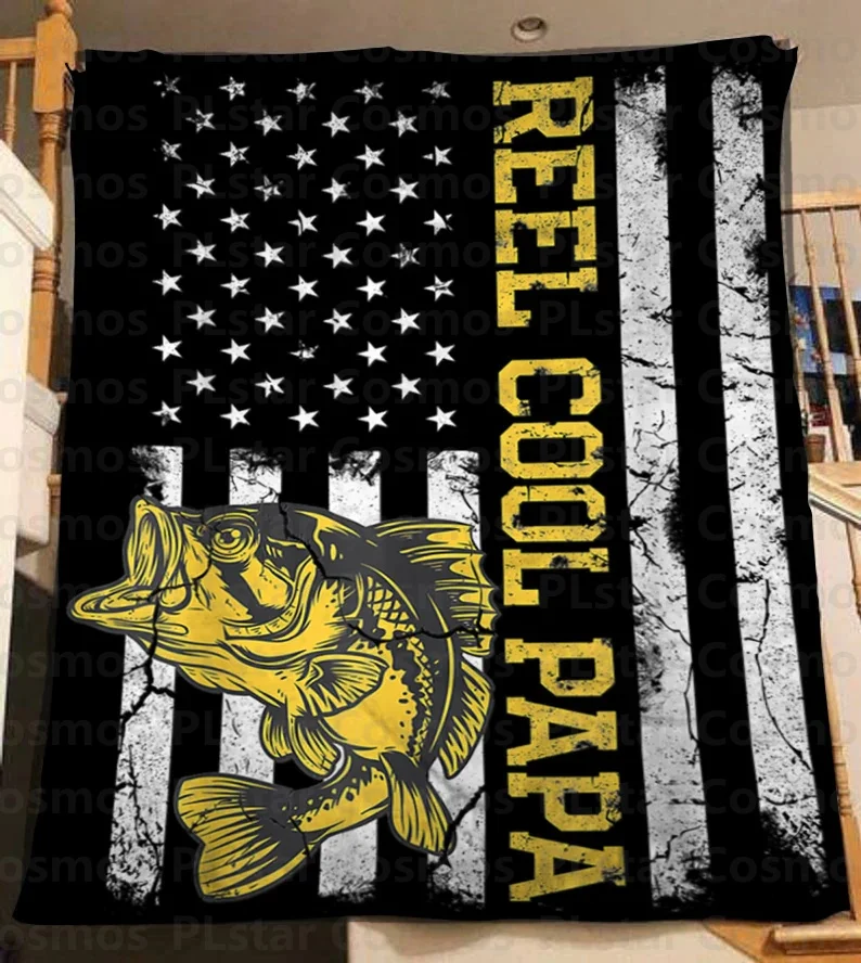 

Fishing reel cool papa American flag Bass fishing Fleece blanket Father's day gifts Plush Blanket Multipurpose Blanket