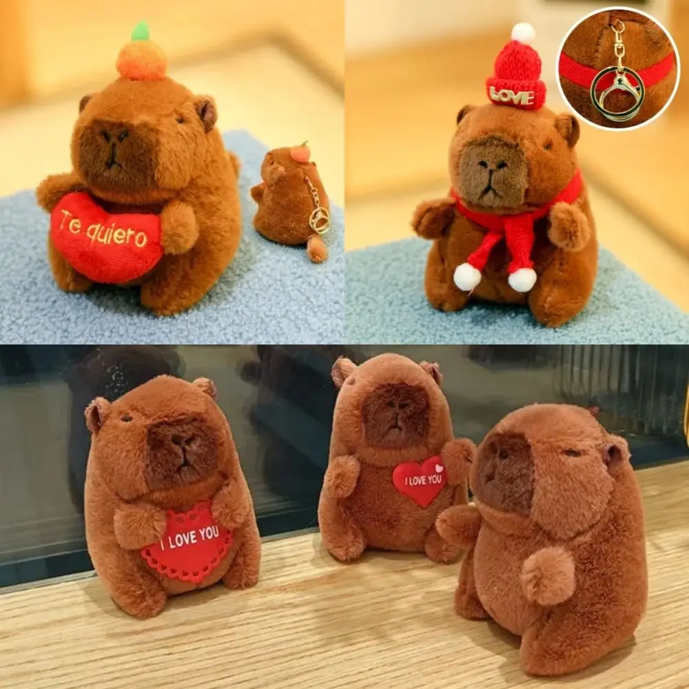 Novo bonito capivara brinquedo de pelúcia animais de pelúcia dos desenhos animados chaveiro com amor coração saco acessórios mochila charme presentes aniversário