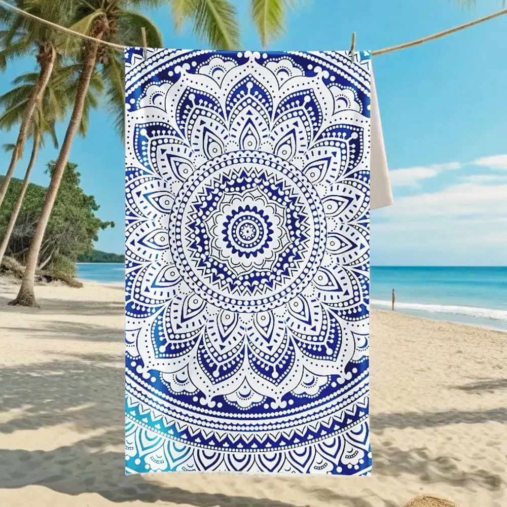 Mandala Lotus Flower Galaxy Print Beach Towel Quick Dry Sand Free with Blue Purple Colorful Design for Swimming Travel