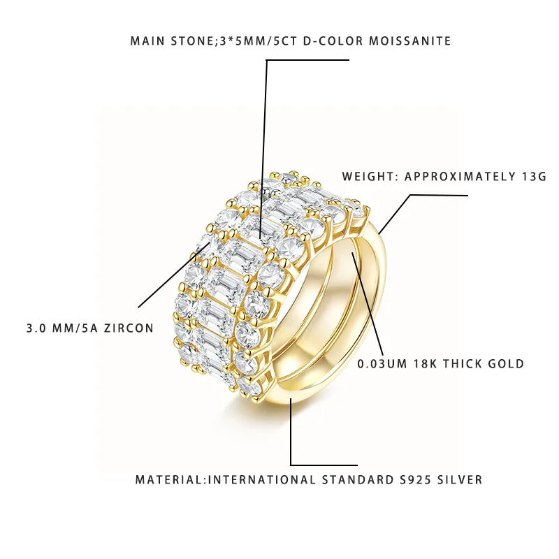 

Роскошное широкое кольцо с муассанитом 5 карат D-цвета, посеребренное золото S925, женское кольцо с инкрустацией цирконом толщиной 3,0 мм, 5 А