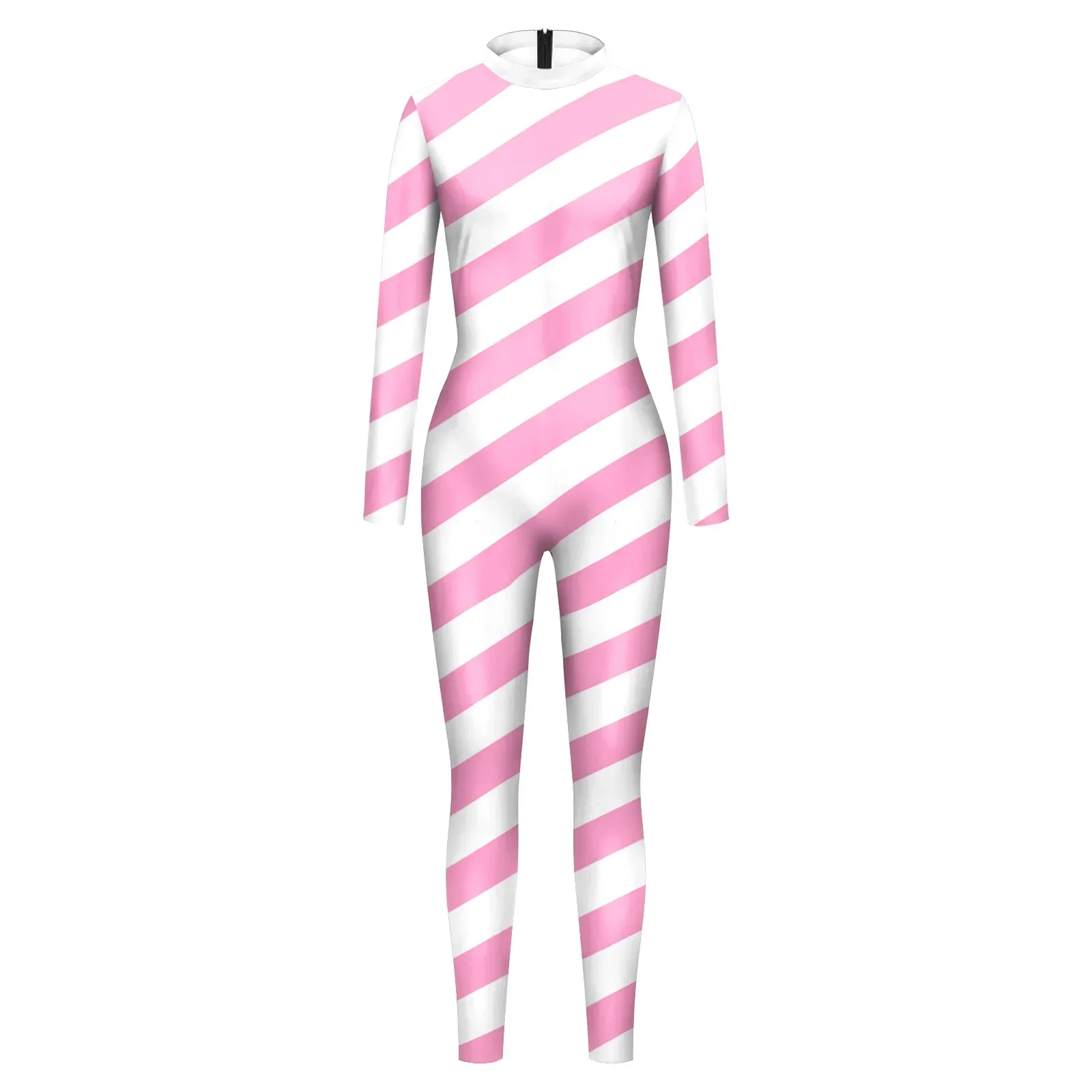 Teanoon Chirstmas Candy Cane Jumpsuits for Woman Man Red White Stripe Cosplay Costume Fancy Couple Catsuit Zentai Bodysuits