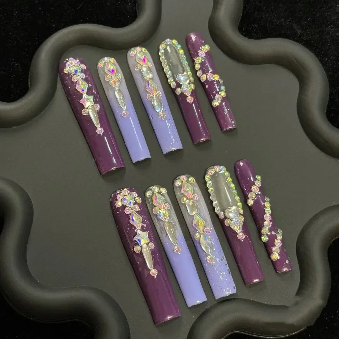 Handmade Butterfly Press On Nail XXXL Extra Long Coffin Bling Rhinestone False Nail Tip Gift Reusable Acrylic Fake Nail Supplies