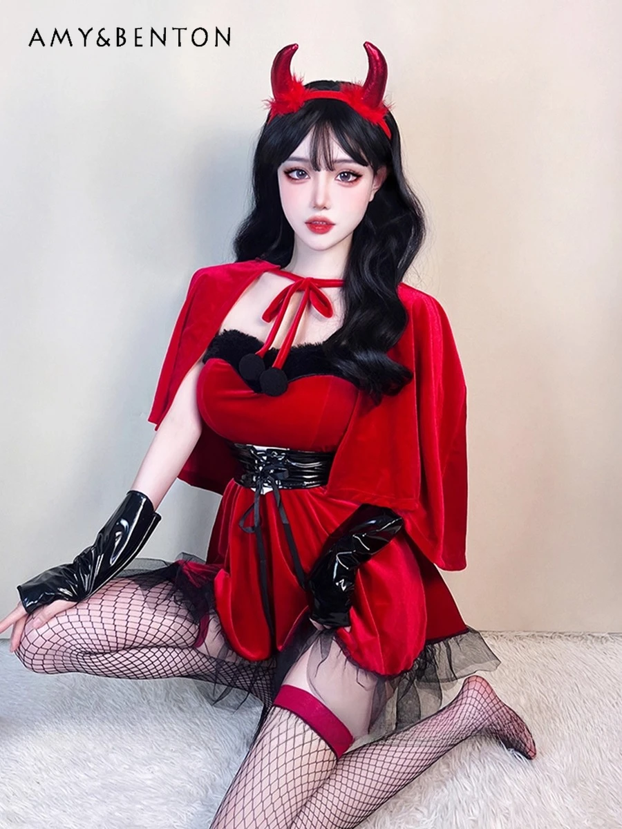 

New Hot Sale Sexy Little Devil Halloween Cosplay Maid Costume Red Short Dress Waistband Shawl Headwear Stockings Set