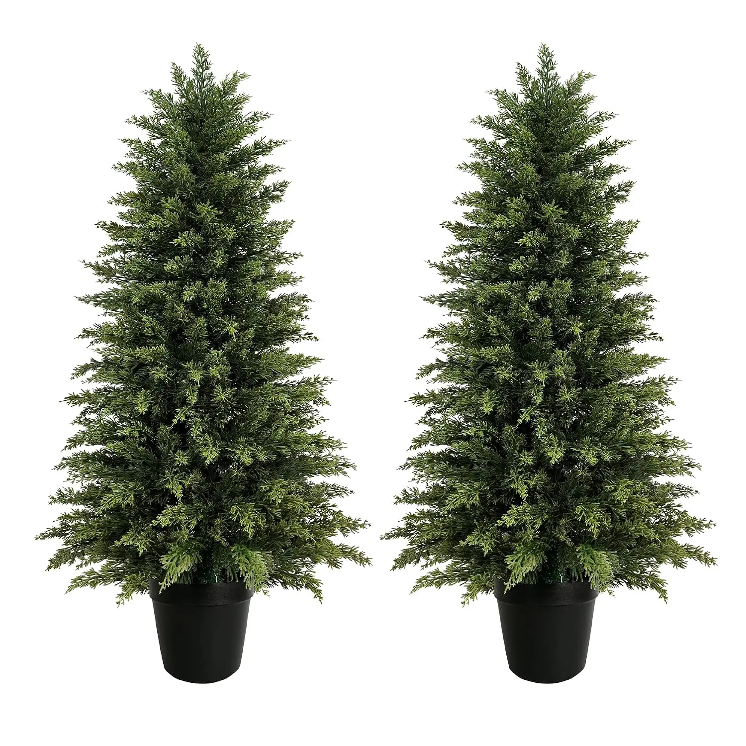 4ft Artificial Cedar Topiary Tree, Set of 2 Realistic Faux Evergreen Shrub Plant in Planter, Indoor Outdoor Fake Cedar Tree