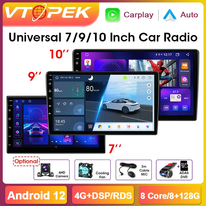 Vtopek 7 9 10 Inch Android 12 4G Car Radio For Toyota VW Kia Nissan Honda Lada Ford Multimedia Player Carplay Android Auto 2 Din