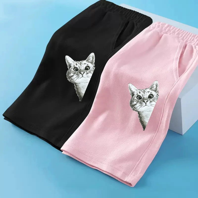 Kinder Sommer dünne Baumwolle Jogging hose lustige Katze Cartoon Shorts 3-14 Alter Jungen Mädchen Studenten lose kurze Hosen