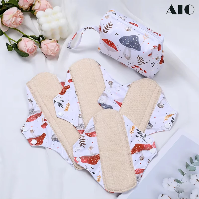 Fotografia 4: Conjunto de 5 Absorventes Menstruais Reutilizáveis de Algodão Orgânico com Asas, Laváveis, com Bolsa de Armazenamento