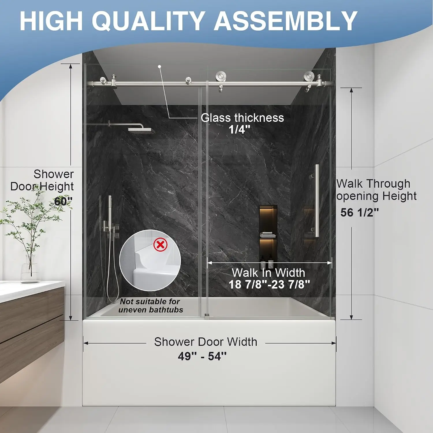 Frameless Sliding Tub Shower Door 49-54