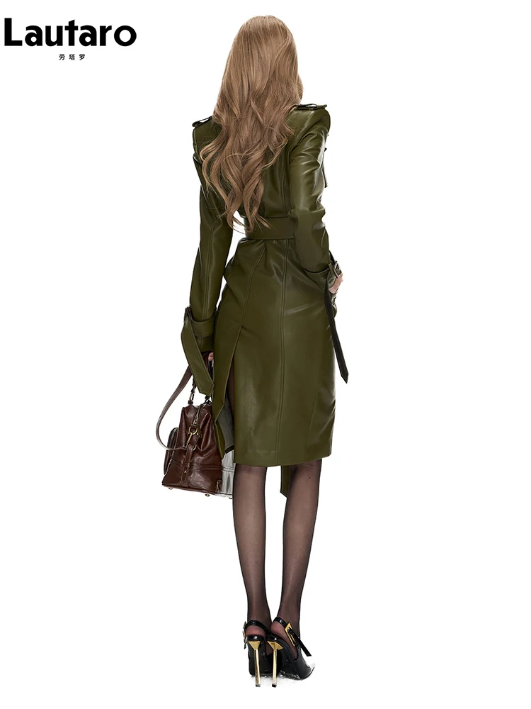 Lautaro Spring Autumn Long Fitted Patchwork Pu Leather Trench Coat for Women Belt Double Breasted Elegant Chic Luxury Overcoat